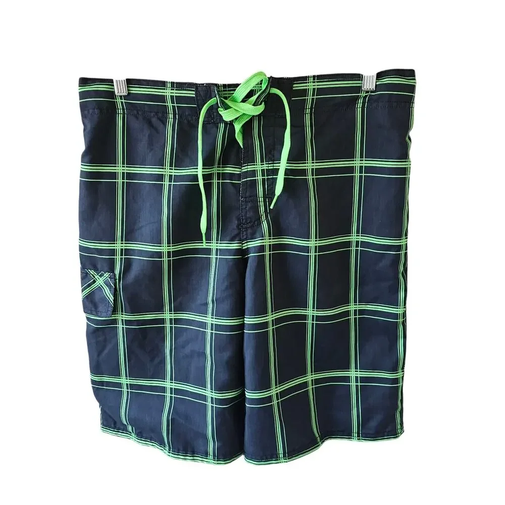 OP Men's Board Shorts Swim Trunks, Green Black Plaid, Size M